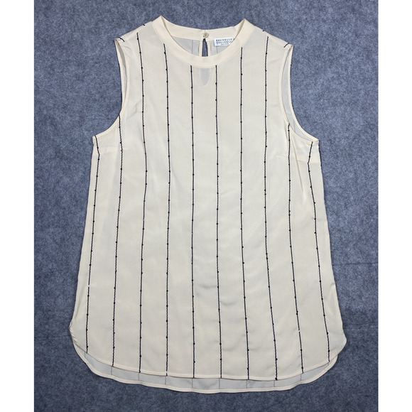 Brunello Cucinelli Blouse Womens Small Cream Black Sequence Stipes Silk Blend